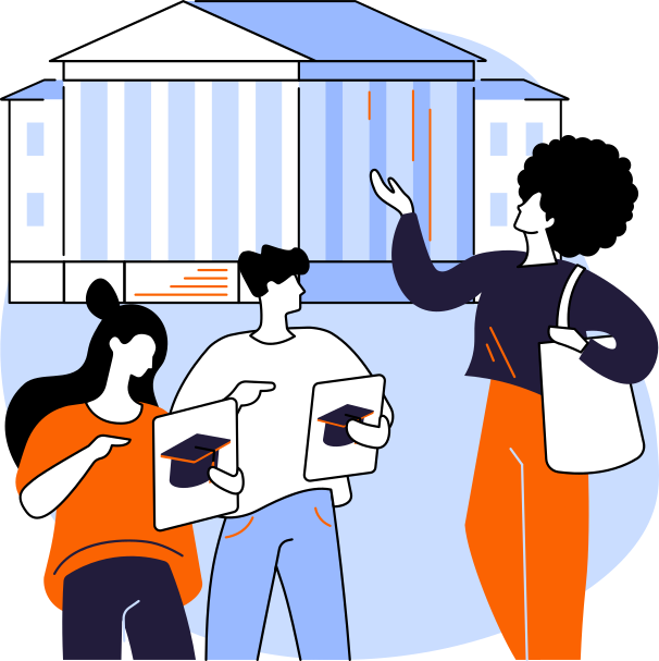 Illustration of a parent and her children selecting a school